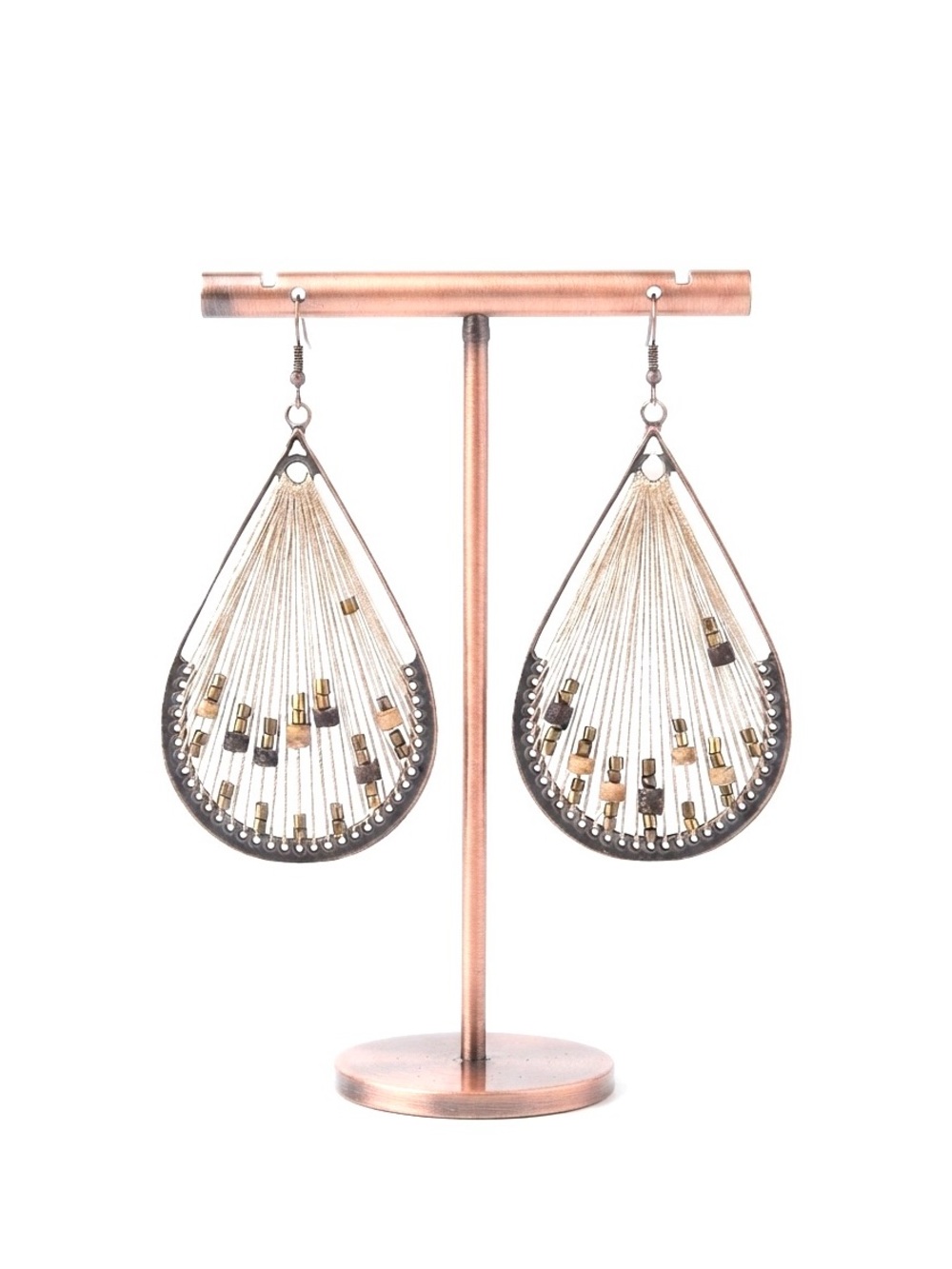 New Bohemian Bronze Beaded Thread Drop Shaped Hand Woven Ethnic Dangle Earrings